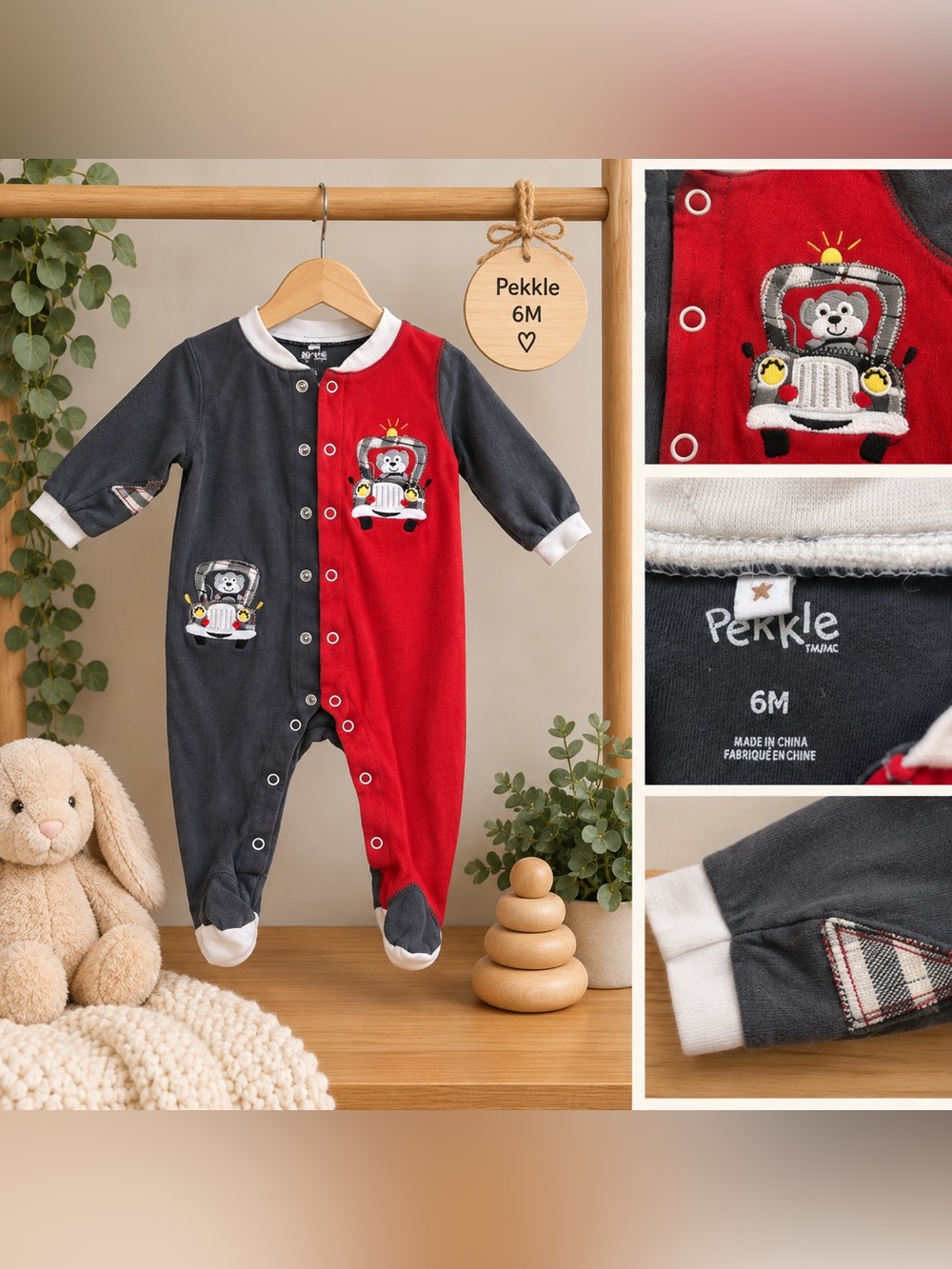 Pekkle 6M Red & Charcoal Bear Car Footed Sleeper 🚗🧸